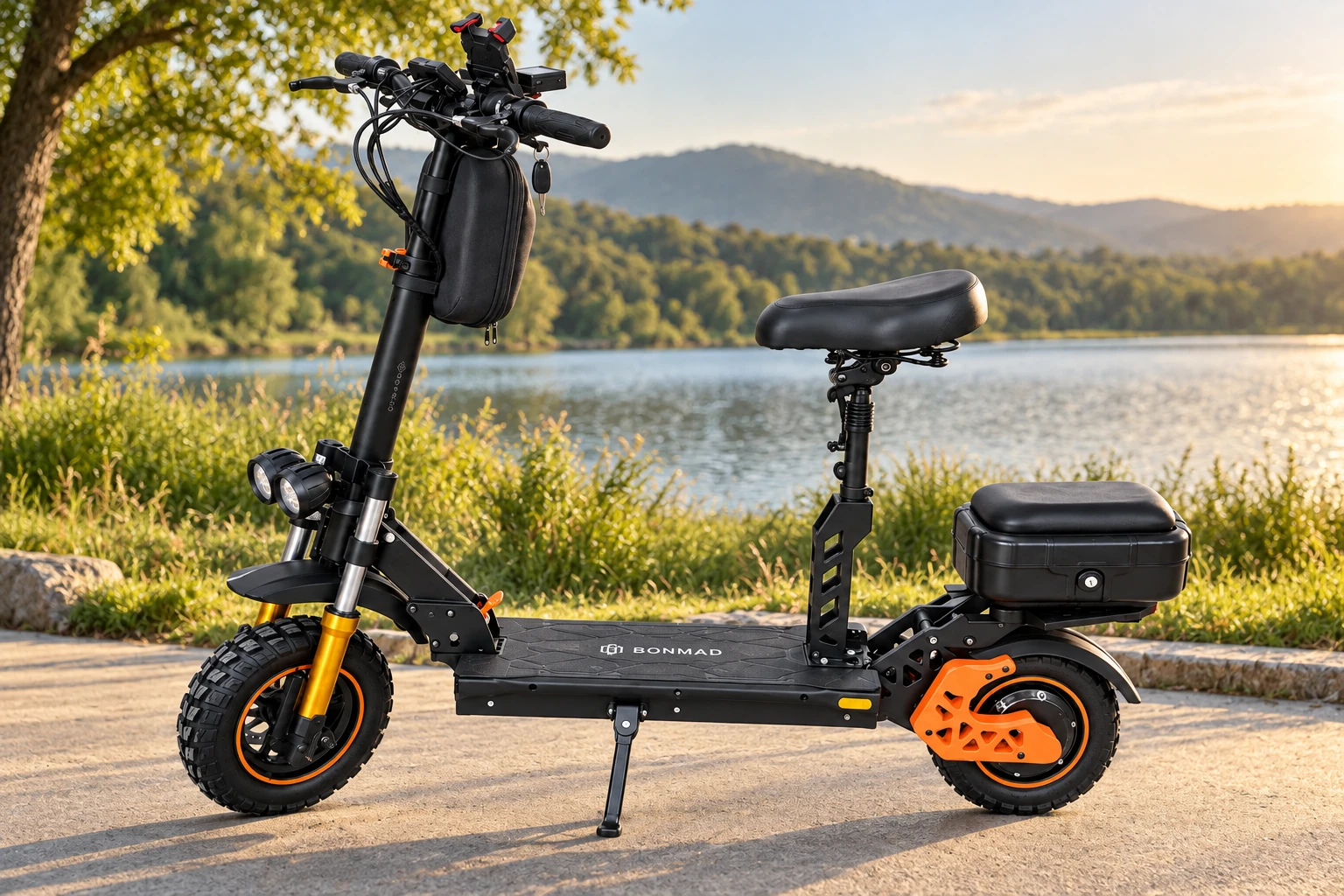 Patinete elétrico Bonmad M5 Pro preto e laranja - cenário no parque