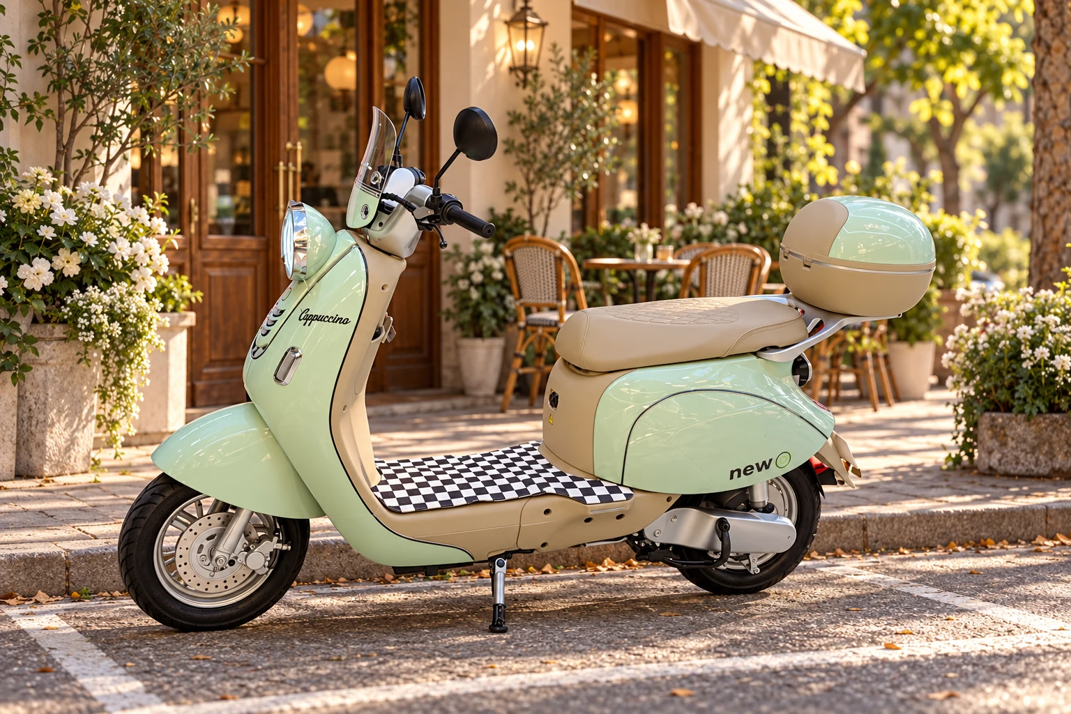 Scooter elétrica Cappuccino verde - cenário no café
