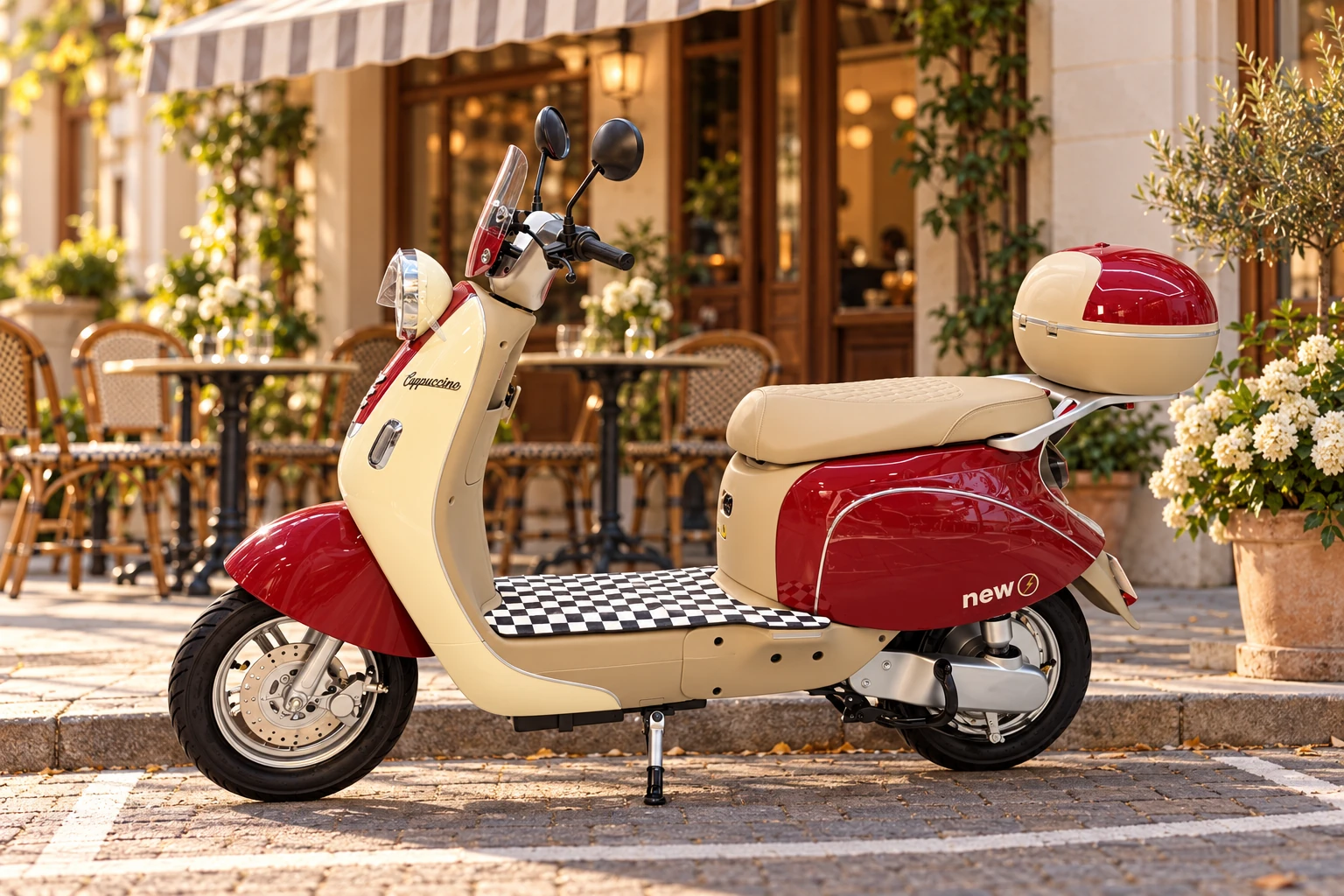 Scooter elétrica Cappuccino vermelha - cenário no café