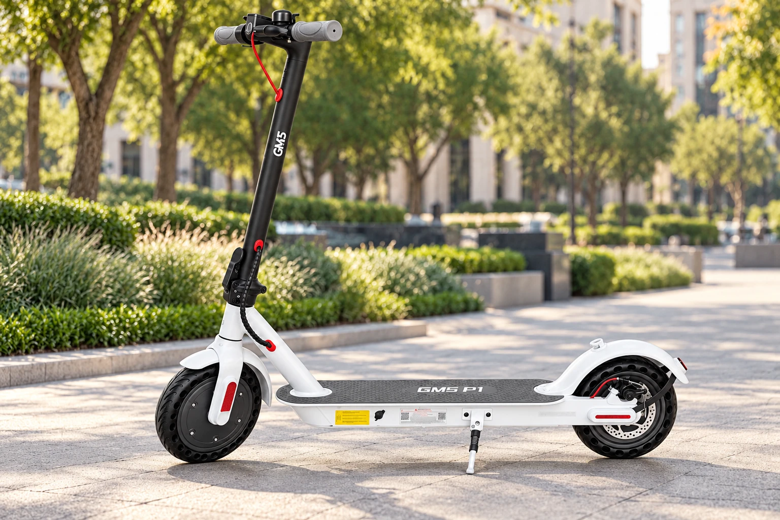 Patinete elétrico GM5 P1 branco e preto - cenário urbano