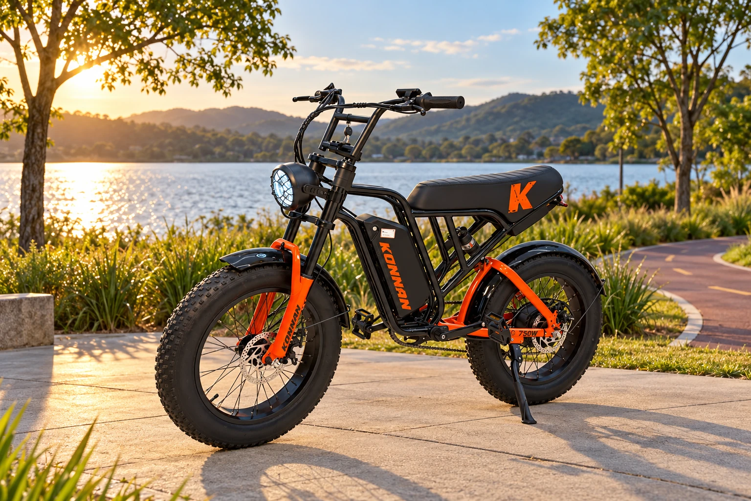 Bicicleta elétrica Konnan Winner preta e laranja - cenário no parque
