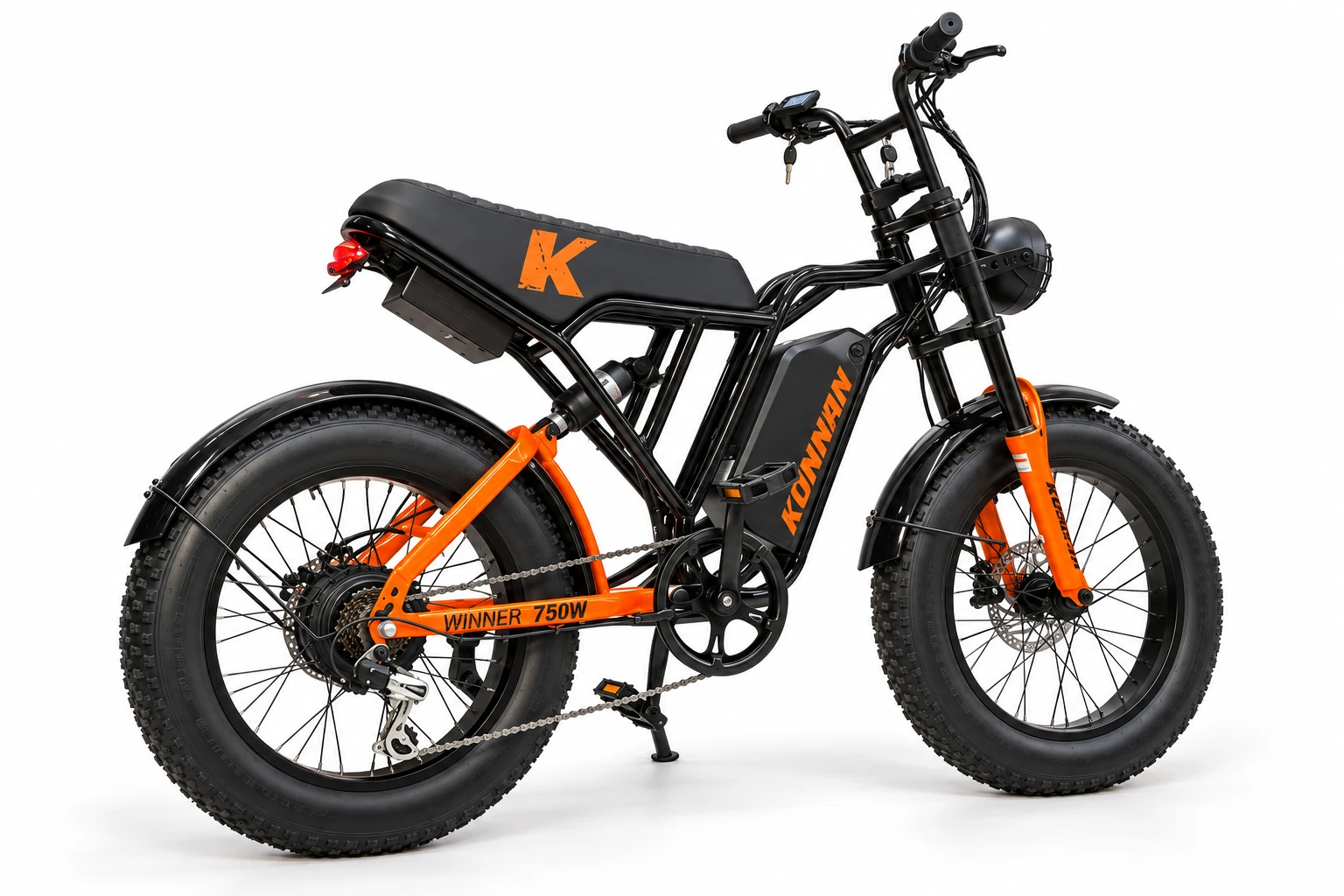 Bicicleta elétrica Konnan Winner preta e laranja - lateral direita