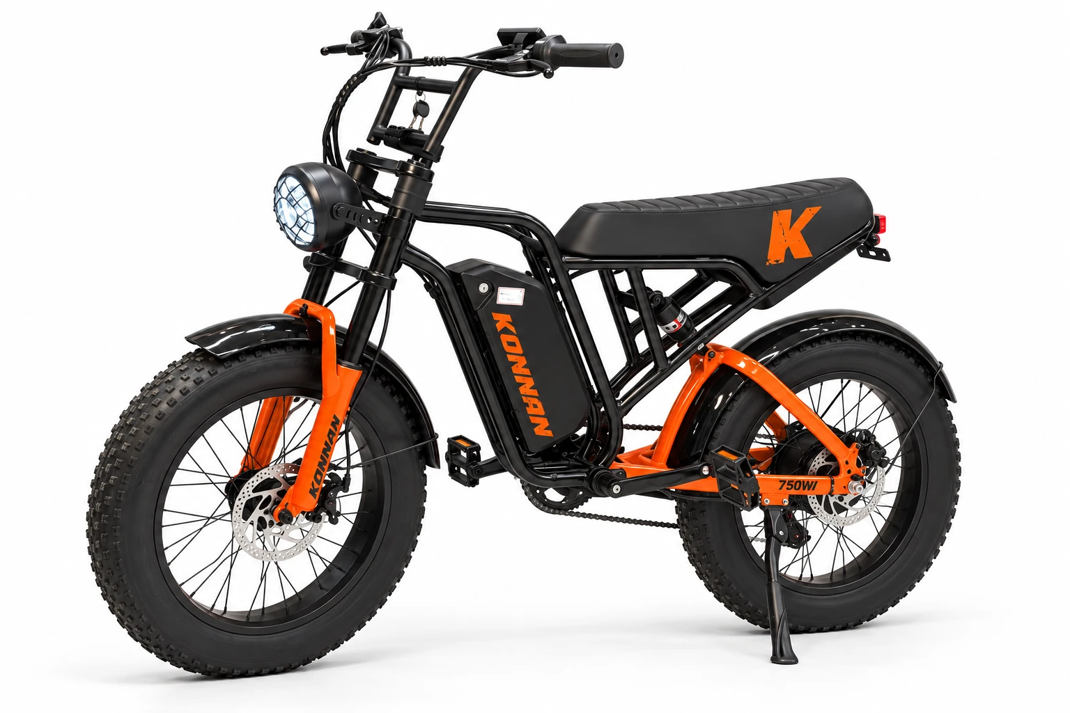 Bicicleta elétrica Konnan Winner preta e laranja - lateral esquerda