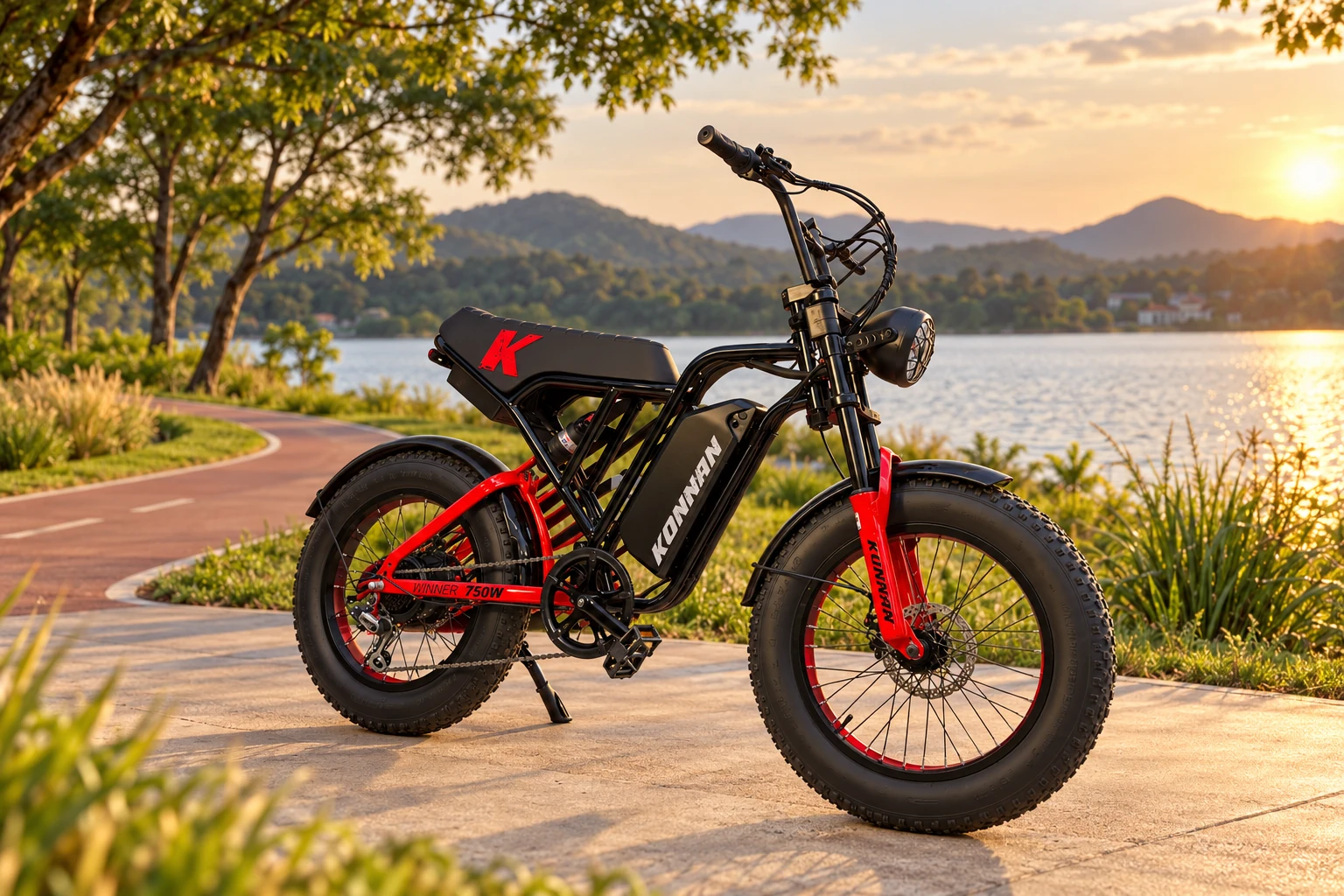 Bicicleta elétrica Konnan Winner vermelha e preta - cenário no parque