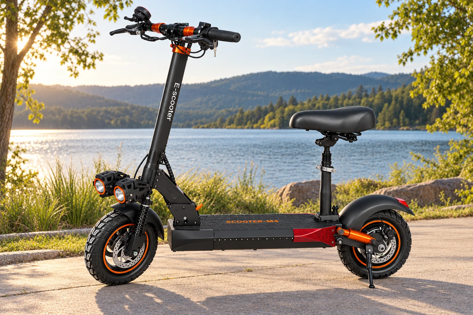 Patinete elétrico E-Scooter M4 preto e laranja - cenário no parque