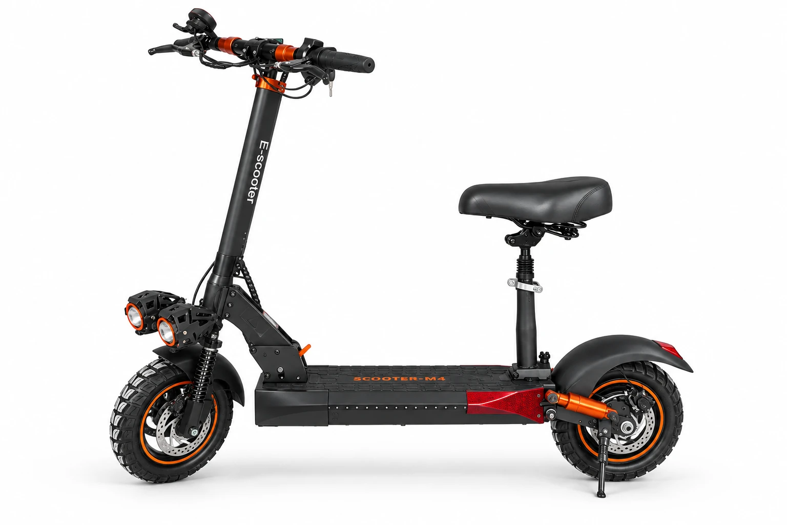 Patinete elétrico E-Scooter M4 preto e laranja - lateral esquerda
