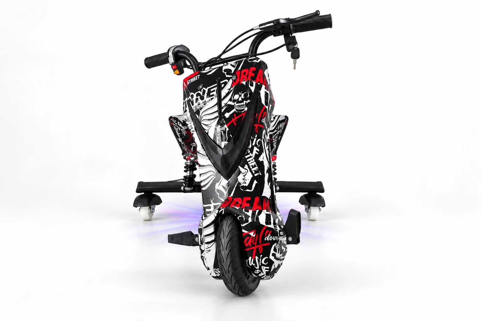Triciclo Elétrico Drift preto, branco e vermelho - frente