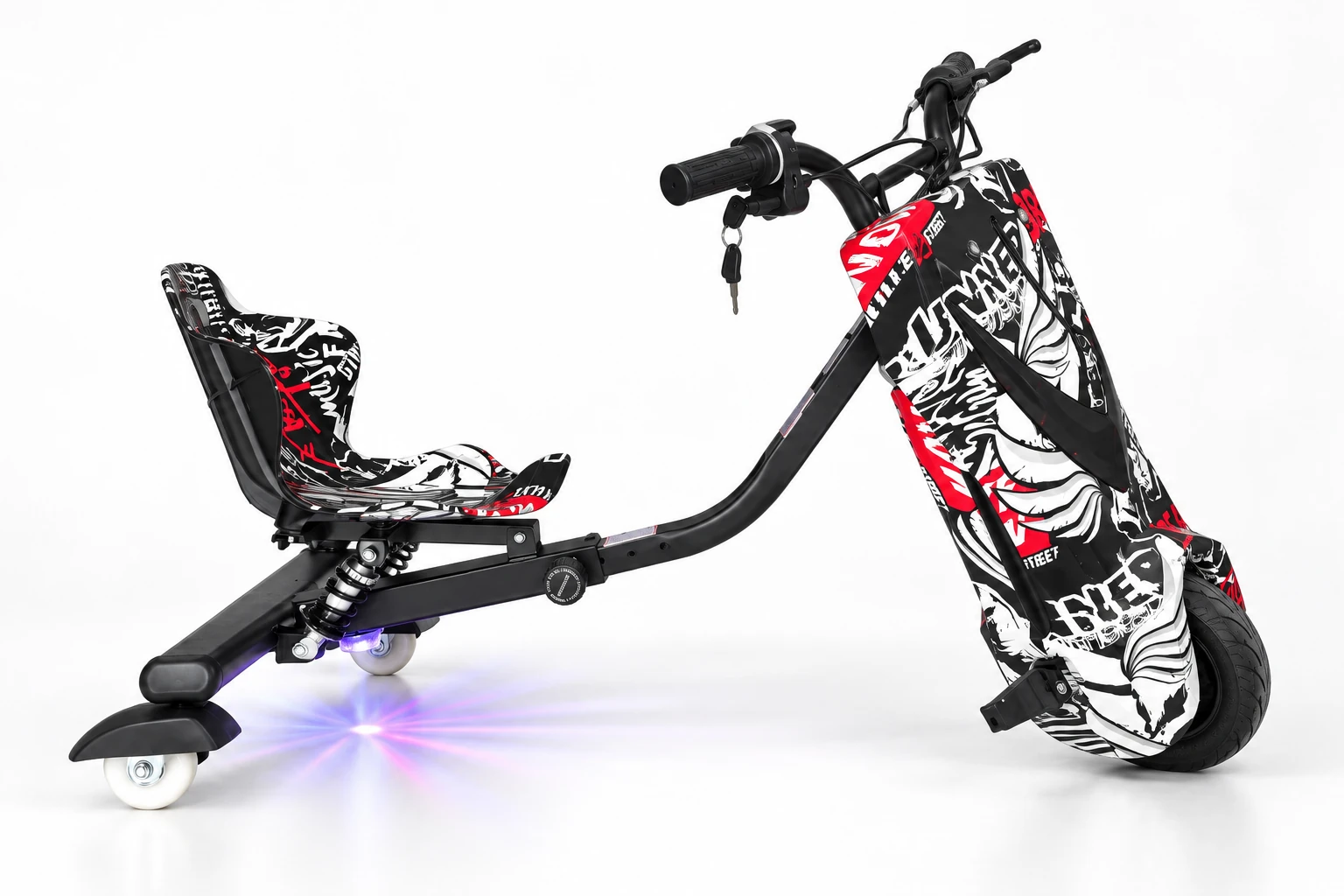 Triciclo Elétrico Drift preto, branco e vermelho - lateral direita