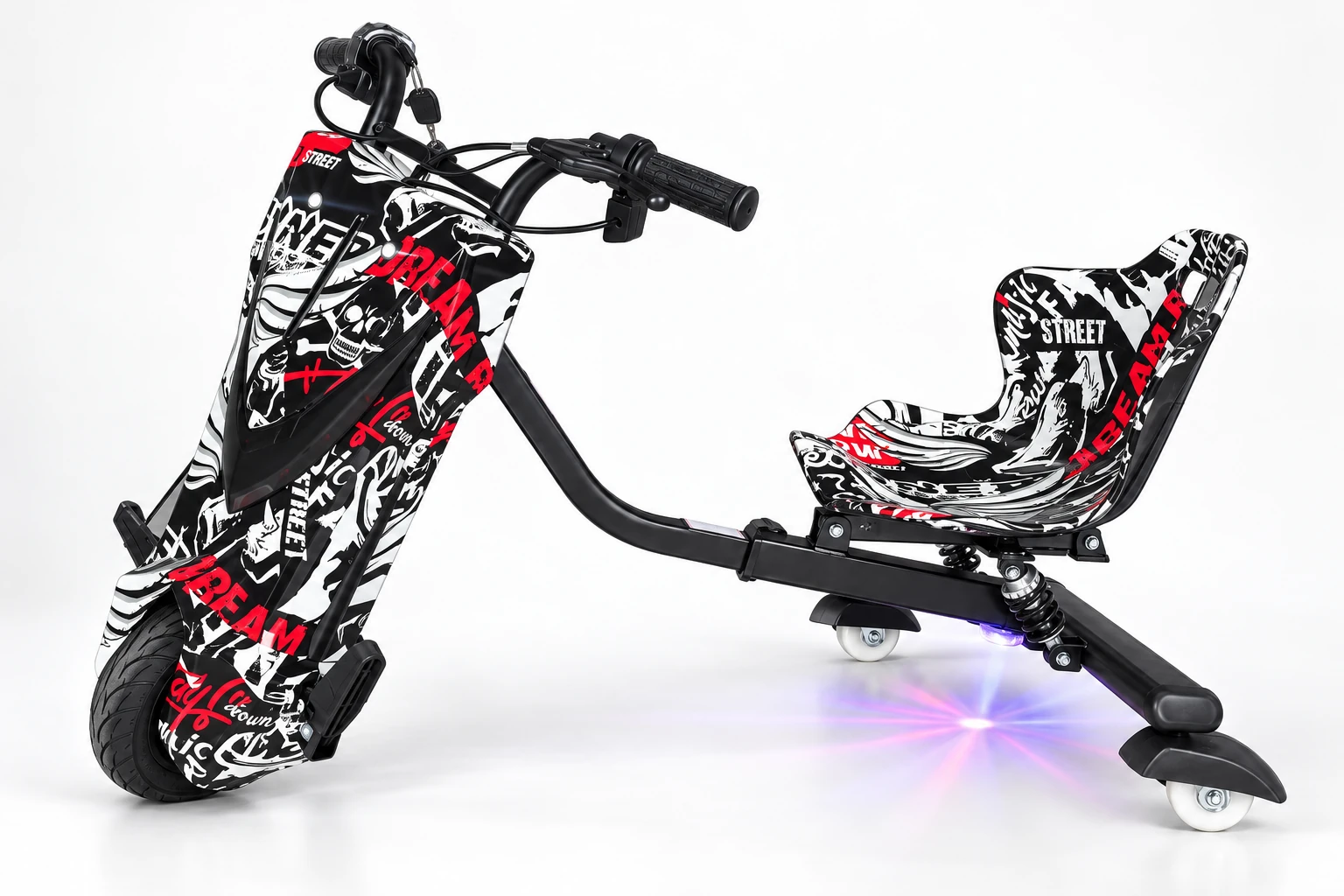 Triciclo Elétrico Drift preto, branco e vermelho - lateral esquerda