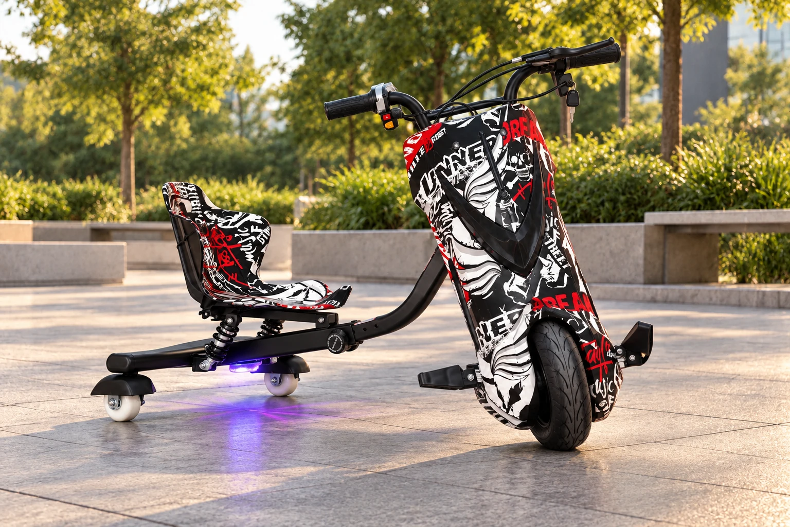 Triciclo Elétrico Drift preto, branco e vermelho - cenário na praça