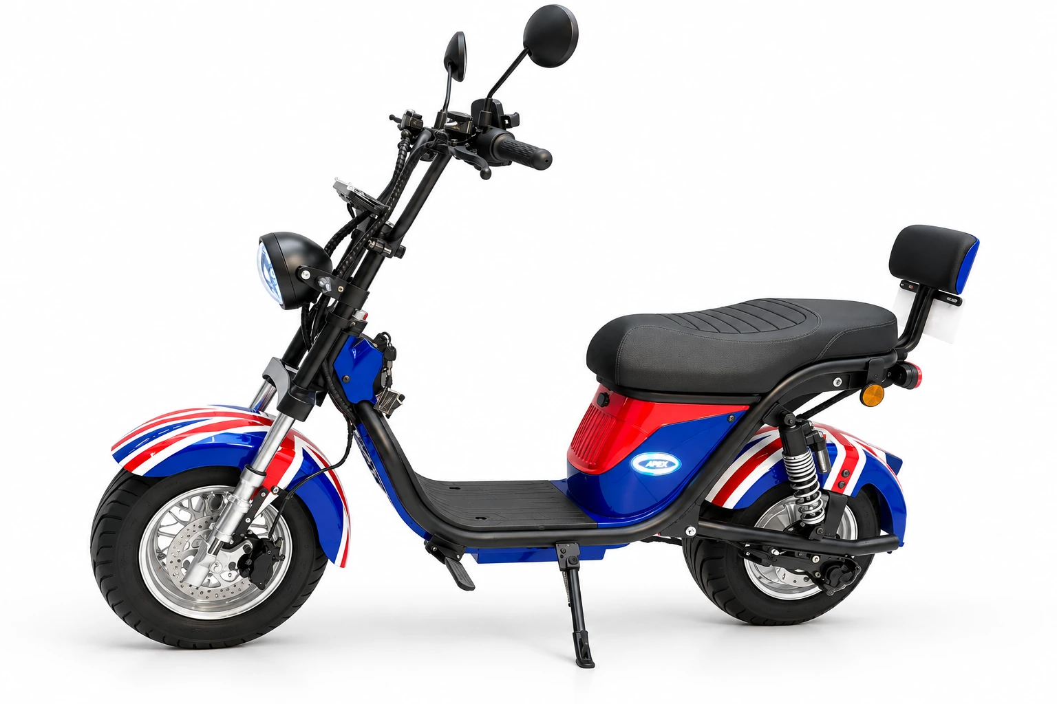 Scooter elétrica X18 Stylus azul e vermelha - lateral esquerda