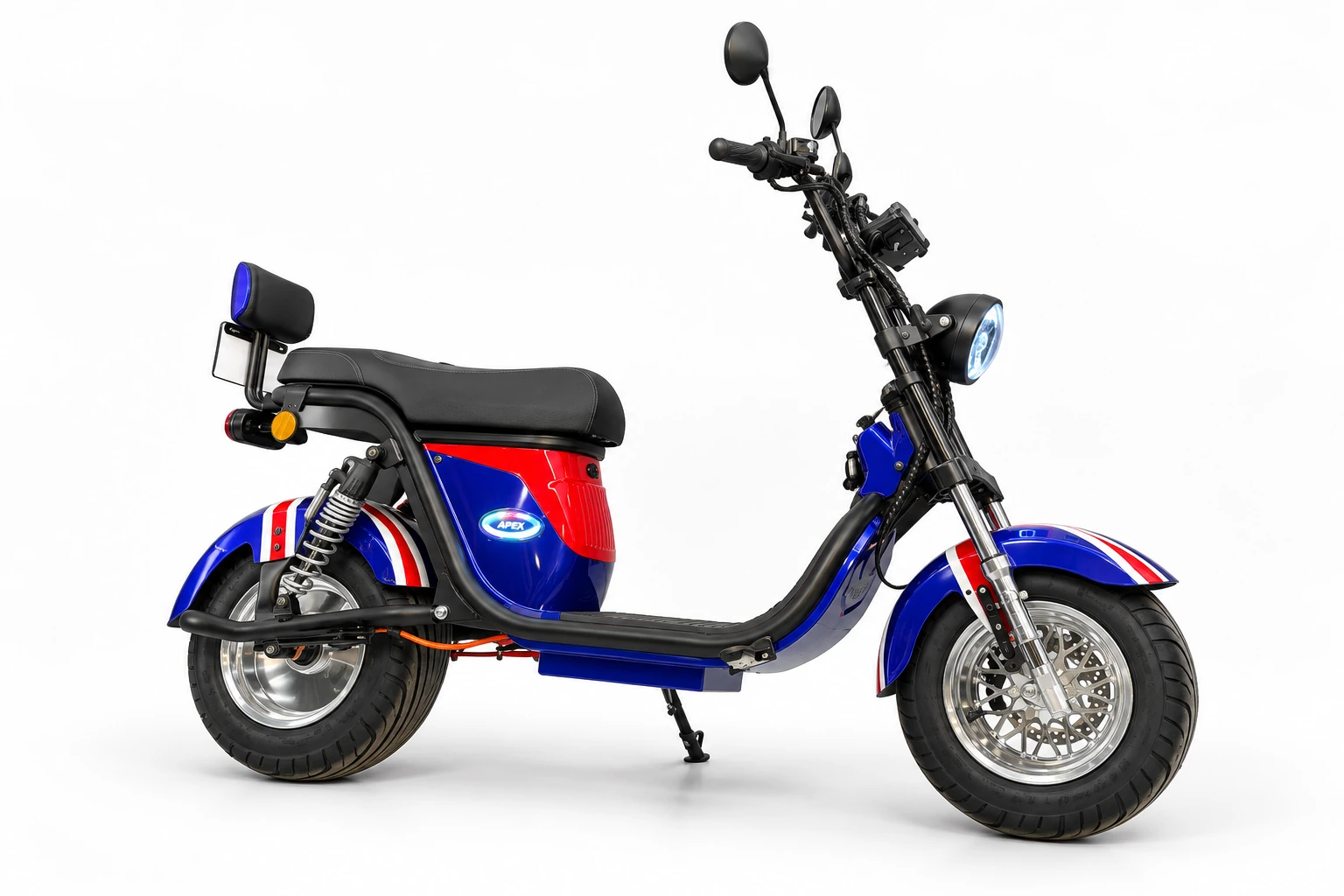 Scooter elétrica X18 Stylus azul e vermelha - lateral direita