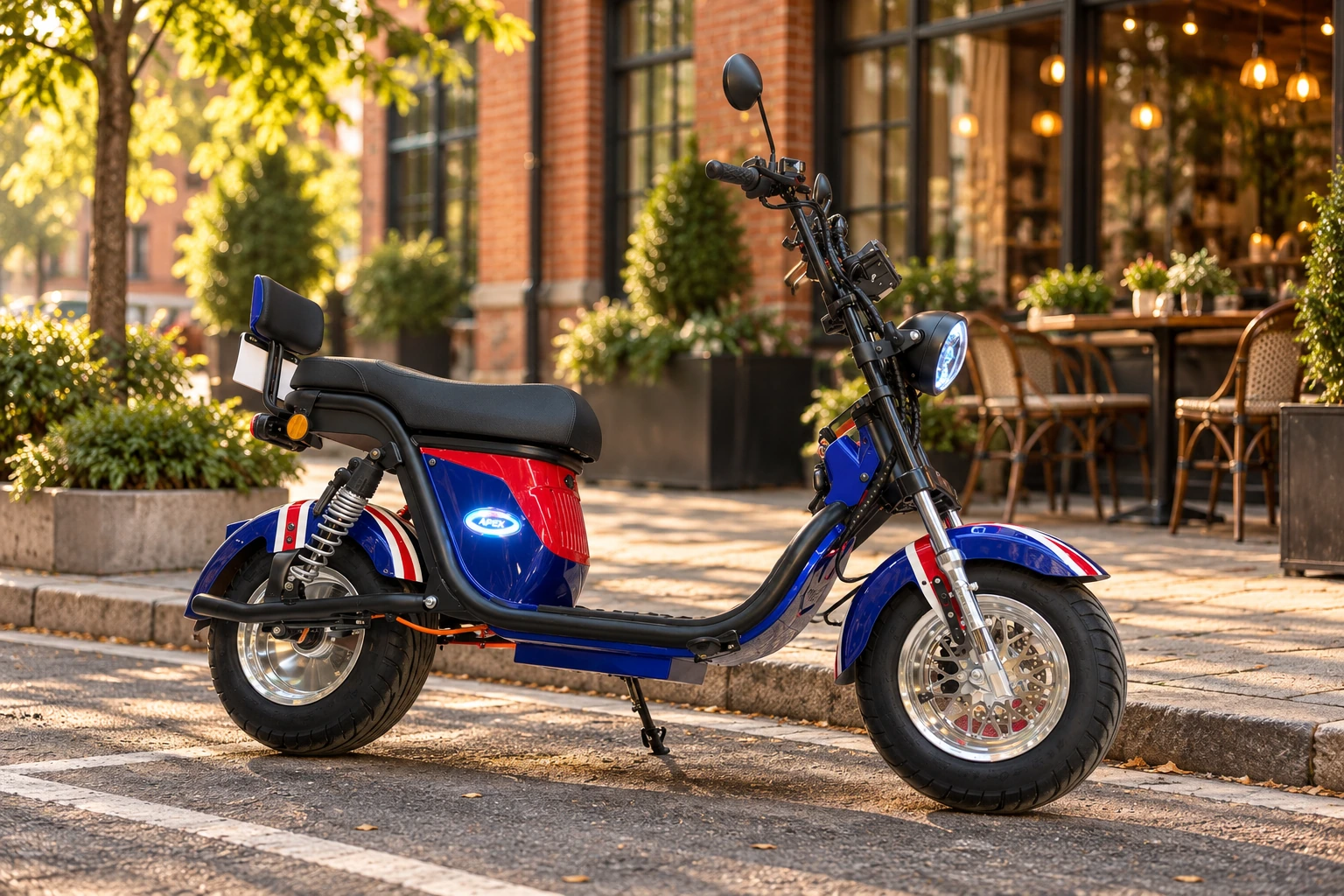 Scooter elétrica X18 Stylus azul e vermelha - em cenário urbano