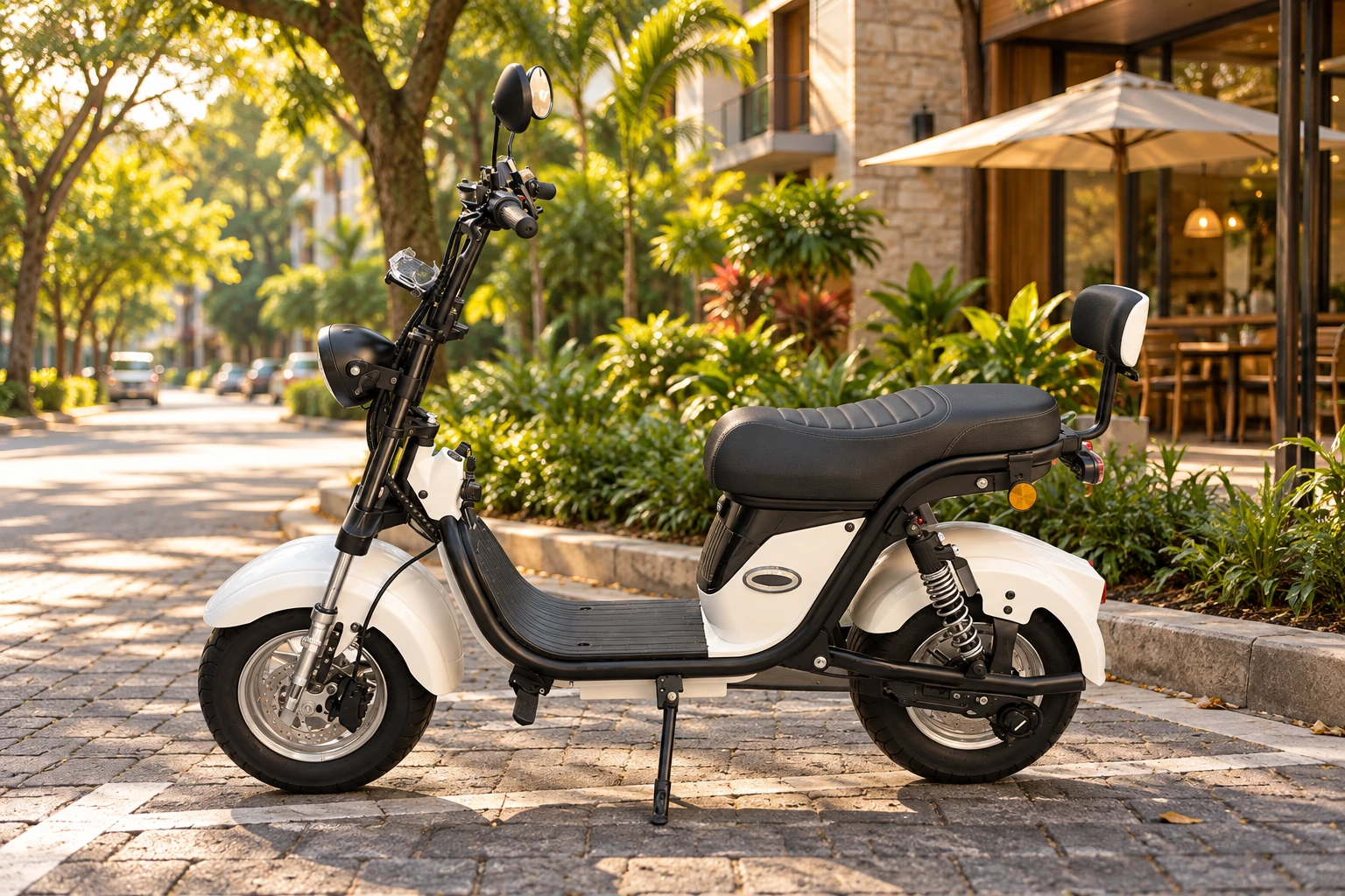 Scooter elétrica X18 Stylus branca - em cenário urbano