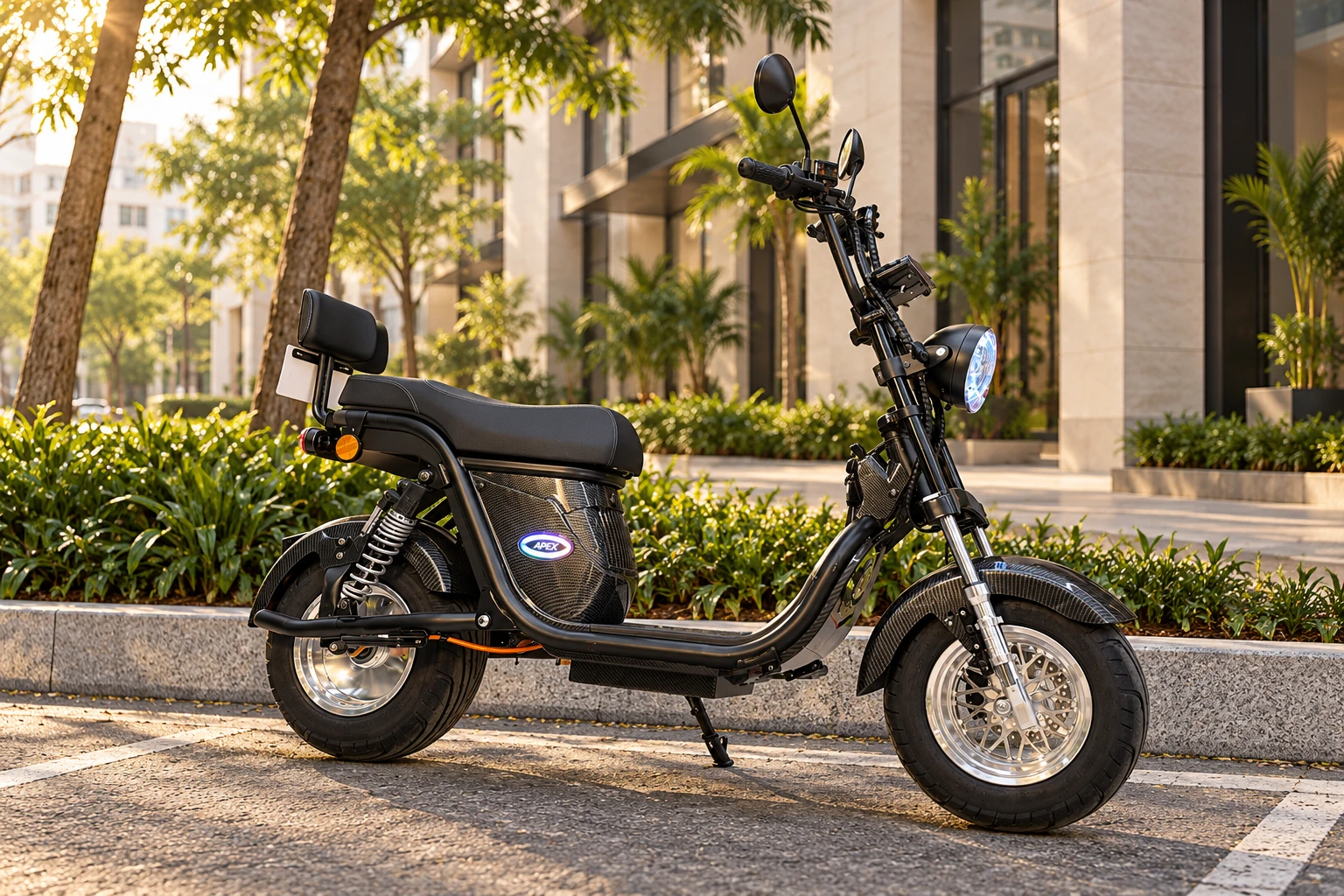 Scooter elétrica X18 Stylus preta - em cenário urbano